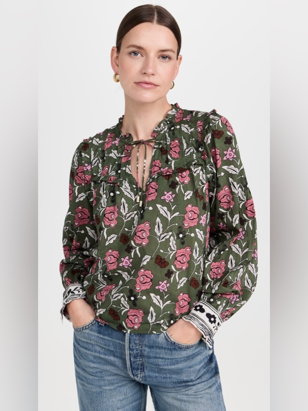 CLEOBELLA Leni Print Tie Neck Organic Cotton Top Size Small